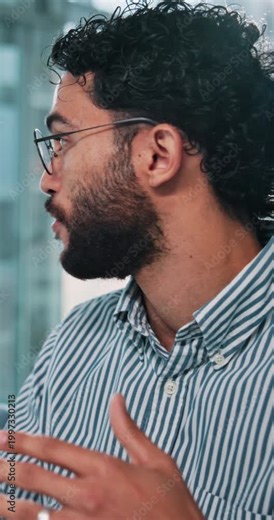 Explain, training and man in office for web design, business ideas or software developer. Brainstorming, discussion and designer with teamwork, research report or solution at creative digital agency