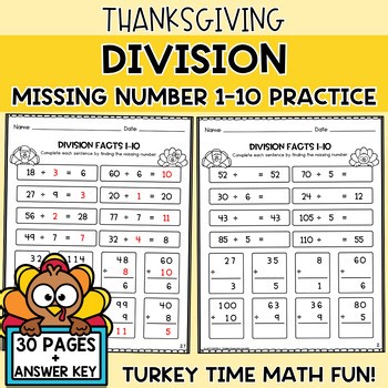 Thanksgiving Division Facts 1–10 Missing Number Worksheets |Turkey Math Practice
