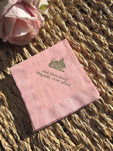 Hoppily Ever After Bunny Rabbit Wedding Shower Napkins Pink Cocktail Napkins With Olive Green Ink Easter Spring - Set of 50 - Etsy
