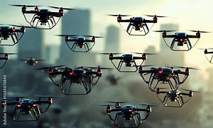 A swarm of drones flying over a cityscape, showcasing advanced technology in action.