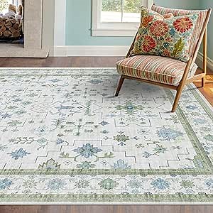 Blue and Green 4x6 Rugs for Small Living Room - Oushak Boho Pastel, Low Pile Non Slip Stain Resistant Throw Rug for Under Bed, Large Entryway, Kitchen, Floor Carpet Aesthetic Boys