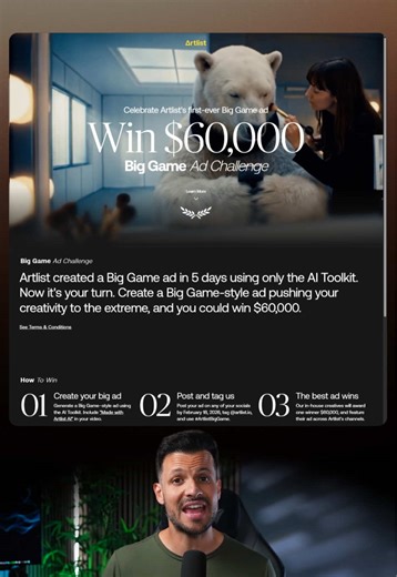 Artlist is giving away $60,000 for whoever creates the best AI video. Everything you just watched was made using the @artlist.io AI Toolkit. I will send you the exact prompts I used so you can create your own big game style ad and enter the challenge. Comment ‘AI’ and I will send you the full breakdown on how to participate. . . . #Artlist #ArtlistBigGame #aivideo #contentcreation #bravetech