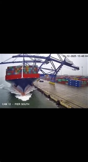 Brakes fail! Container ship breaks two cranes at port! CCTV footage 🚢🏗️