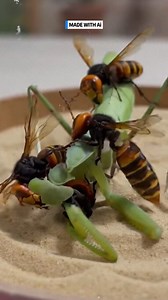 27K views · 116 reactions | Praying Mantis vs Hornet Swarm: Territory War. The enclosure becomes a battleground. #prayingmantis #hornet #insect #nature #wildlife ⚙️ AI-generated dramatization — Creature conflict recreated for entertainment. | MindFreaking | Facebook