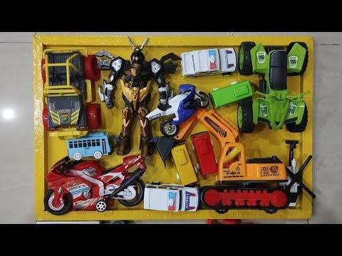 Unboxing Mobil Mainan, Mobil Excavator, Mobil Polisi, Bus Tayo, Motor GP, Robot Dan Tembakan