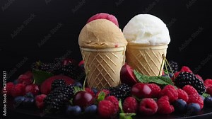 Ice cream cone with an assortment of fruits and ice cream flavors, rotating on a table. Homemade raspberry and vanilla ice cream in cups. Food and advertising concept