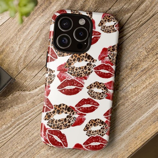 Leopard Print and Red Lips Phone Case, Aesthetic Cheetah Animal Print Tough Cover, Trendy Girly Lips Pattern Protective Shell Gift - Etsy