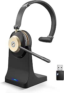 V5.3 Wireless Headset with Mic for Work, 45Hrs Computer Headset with Microphone, Bluetooth Headphones with Noise Cancelling Mic, Charging Base, USB Dongle & Mute Button for PC, Skype, Zoom
