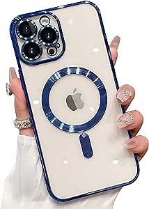 Clear Magnetic Case Compatible with iPhone 15 Pro Max, Full Camera Lens Protector [Compatible with MagSafe][Strong N52 Magnet] Luxury Plating Edge Drop Protection Mag-Safe Case for Men Women