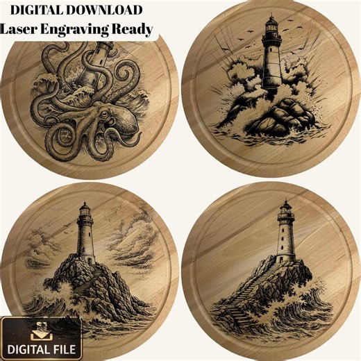 Lighthouse & Octopus Laser Engraving PNG SVG Bundle | 4 Nautical Vintage Designs | Maritime Wood Engraving Art | Digital Download - Etsy