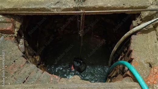 Close view of a flooded well being drained by a pump during high water conditions, strong inflow of muddy water inside old masonry structure, practical groundwater management and emergency water remov