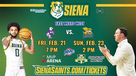 🏀 Close out your winter break with Siena Basketball! East meets West when Siena Men's Basketball welcomes Western New York rivals Niagara and Canisius to MVP Arena for a weekend homestand Feb. 21 and 23 Secure your seats for the #SienaSaints final weekend home games this season at sienasaints.com/mbbtickets #MarchOn | Siena Saints