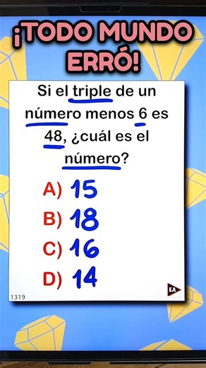 If three times a number minus 6 is 48, what is the number? 😵‍💫👌 #mathematics #math (▶3099)