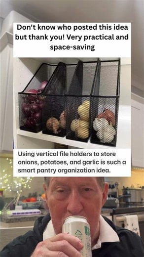 Using Vertical File Holders To Store Onions, Potatoes, and Garlic is Such a Smart Organization Idea.