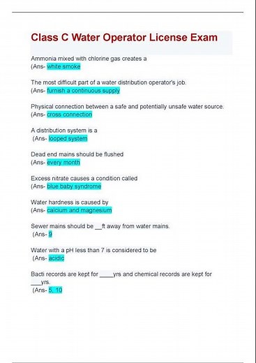 Class C Water Operator License Exam; Questions & Answers; Latest Updated A+ Guide Solution