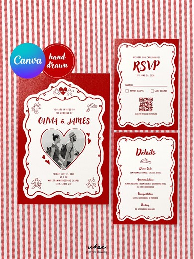 Cute Doodle Heart Wedding Invitation Suite - Editable Canva Template - Etsy