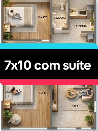 Projeto de Casa 7x10 com Suíte e Dois Quartos