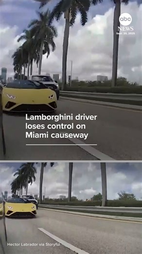 Dashcam footage captured the moment a Lamborghini driver lost control of their vehicle and crashed into a guardrail in Miami Beach. Via ABC News | ABC7