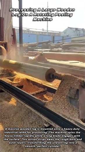 Processing A Large Wooden Log On A Rotating Peeling Machine