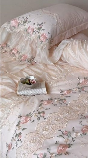 Light Pink - Romantic Rose Floral Embroidery Sheer Lace Aesthetic Bedding Set Gift