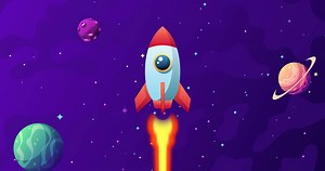 Download HD cartoon video animation of flying rocket on the space. Good for start up, business, finance, with callout smoke for text space. for free