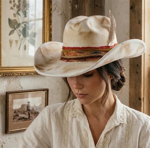 Handmade Distressed Cowboy Hat Boho Western Fedora Felt Hat With Feather and Vintage Silk Band Artistic Gypsy Style Rancher Cowgirl Hat - Etsy