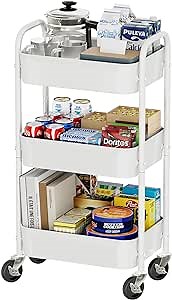 Simple Trending 3 Tier Metal Cart on Wheels, Heavy Duty Rolling Storage Cart for Kitchen to Organize Books Snacks Tools, White