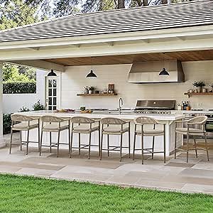 Cozyman Bar Stools Set of 6, 24.8'' Aluminum Outdoor Bar Stool with Removable Cushion, Boho Rattan BarStools, Olefin Rope Woven Bar Chairs with Footrest for Patio, Garden, Pool, Kitchen, Brown