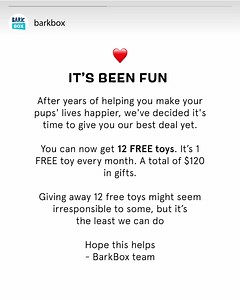 Get a whole year of free toys for your dog! Claim our best upgrade yet when you join the pack, and start wagging for original toys and healthy treats tailored to your pup. Plus exciting new themes every month! | BarkBox