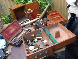 Old Vintage Antique equipment microscopes Quick Focus Marksman telescope etc