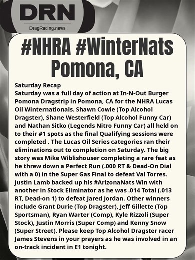 #NHRA #WinterNats Saturday Event Recap