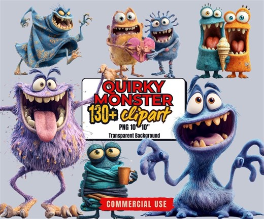 130  Funny Monster Clipart Bundle: Quirky Monster PNG Graphics (commercial Use - Digital Download) - Etsy