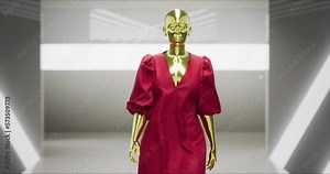 3D Fashion Show. The Virtual Female Model Walks Down the Runway. A Trendy Pink Dress. Meeting in Virtual Space, Meta Podium Show, Artificial World. Concept of Gamification. 3D Rendering