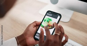 Person, hands and scroll phone with food delivery, menu and decision on app for lunch in office. Search, smartphone and online shopping user closeup with choice of meal from restaurant on screen