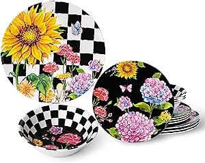 LEHAHA Sunflower 12-Piece Melamine Dinnerware Set Include Plates/Dishes and Bowls, Service for 4, BPA Free and Unbreakable Black Plaid Floral Dish Set for Indoor and Outdoor Use…