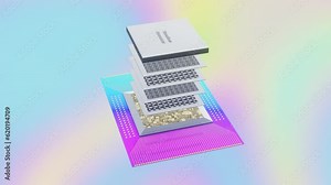Quantum processor concept with quantum qubits circuit boards in layers, wiring, cover, 3D rendering, exploded view animated, holographic gradient background
