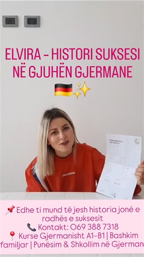 Histori Suksesi | Kursi i Gjuhës Gjermane A1 🇩🇪✨ Elvira është një tjetër dëshmi suksesi nga qendra jonë. Pas trajnimit të plotë dhe të strukturuar në gjuhën gjermane A1 për bashkim familjar, ajo arriti të kalojë me sukses provimin A1 në Goethe Institut. Me përkushtim, metodikë profesionale dhe mbështetje të vazhdueshme nga stafi ynë, Elvira arriti qëllimin e saj brenda një kohe të shkurtër — duke hedhur hapin e sigurt drejt bashkimit familjar në Gjermani. Jemi krenarë për suksesin e saj dhe pë