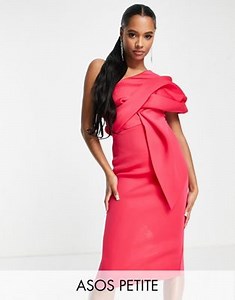 ASOS DESIGN Petite peekaboo shoulder tuck midi pencil dress in hot pink | ASOS