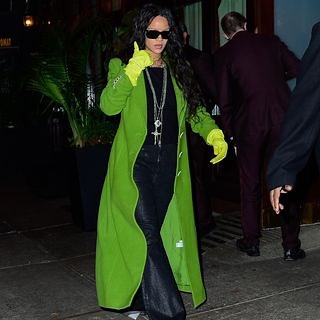 Rihanna Goes Green in a Coat Dress and Savage x Fenty Gloves in New York City