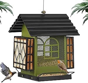 Bird Feeder, Squirrel Proof Outdoor & Hanging Wild Bird Feeders, Large Capacity Metal Bird Feeder with Weatherproof Roof, Attracts Cardinals, Finches, Blue Jays (Green)