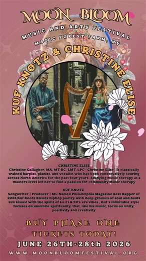 Moon Bloom Festival on Instagram: "Artist Highlight 🪉 | Sound as Medicine ✨ We are beyond honored to welcome Kuf Knotz & Christine Elise to the Moon Bloom Festival 2026 stage. 🌙🌿 This is the kind of artistry that feels written into the bones of what we’re creating. A weaving of worlds. A remembering through rhythm. Küf Knotz (Producer / MC) and Christine Elise (Harpist / Vocalist) are an era-fusing, genre-bending portal of sound—where hip-hop, soul, classical traditions, boom bap, lo-fi and d