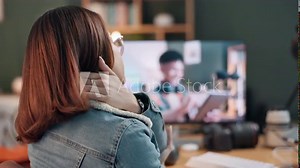 Woman, computer screen and neck pain in workplace for video or media, production and streaming. Content creator, social media and stress or tension for editing and technology in creative space