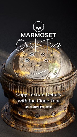 🐑 How to Clone in Marmoset Toolbag This quick tip teaches you how to sample content from one area of the canvas and paint it onto another. Clone is perfect for: ✨ Fixing UV seam borders ✨ Duplicating details #3d #3dart #gameart #gamedev