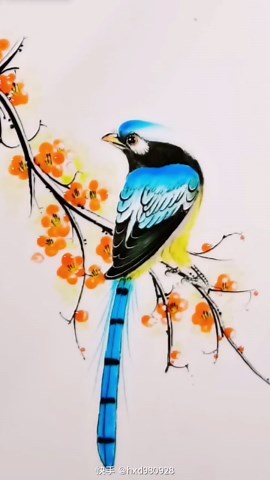 Satisfyingly Drawing A Blue Bird Perched On A Branch Full Of Orange Flowers
