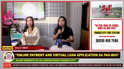 January 22, 2026 𝐑𝐀𝐉𝐎𝐄 𝐒𝐞𝐫𝐛𝐢𝐬𝐲𝐨 | "ONLINE PAYMENT AND VIRTUAL LOAN APPLICATION SA PAG-IBIG". Kuyog kita sa programang nagahatag og kalidad nga impormasyon ug serbisyo! Service to Panaboans, Service to God! Diri lang sa 94.3FM Dream Radio. Monday to Friday, 8:00AM to 9:45AM. Brought to you by CIO Broadcast Services. Anchor: Dolly Amag Guest: Rezsa M. Belleza, Members Services Officer IV #RAJOESerbisyo2026 #importanteinformed #PanaboCity #relampagoscares #servicetopanaboansservicetogo