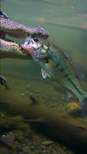 Alligator eats largemouth bass fish underwater video