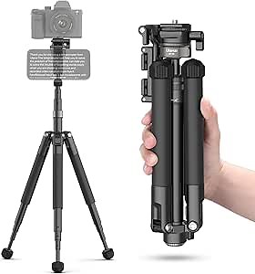 ULANZI MT-63 Portable Vlog Tripod, 57" Foldable Aluminum Alloy Extendable Camera Tripod with 2 in 1 Phone Clip, 360° Ball Head Travel Lightweight Tripod for iPhone/Android/Camera, Load 5KG/11LBS