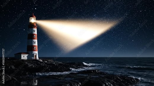 Lighthouse beam sweeping across dark ocean waters at nighttime from rocky coastline viewpoint, Untitled video file (3).mp4