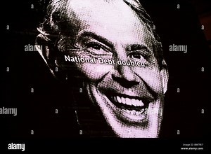 A mocking video rebuking the Labour party and former Prime Minister Tony Blair was broadcast on a massive screen to the Stock Photo - Alamy