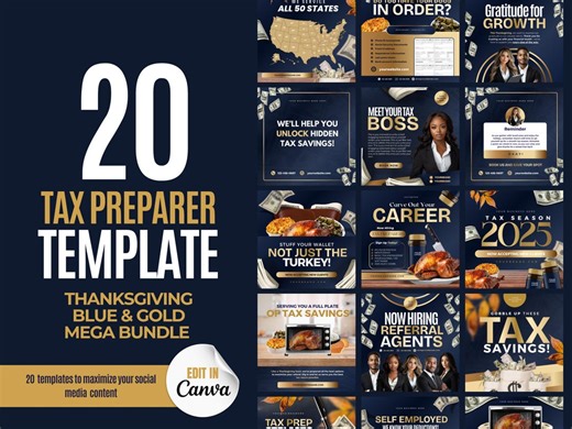 Blue & Gold Tax Prep Canva Templates, Thanksgiving Social Media (digital Download) - Etsy